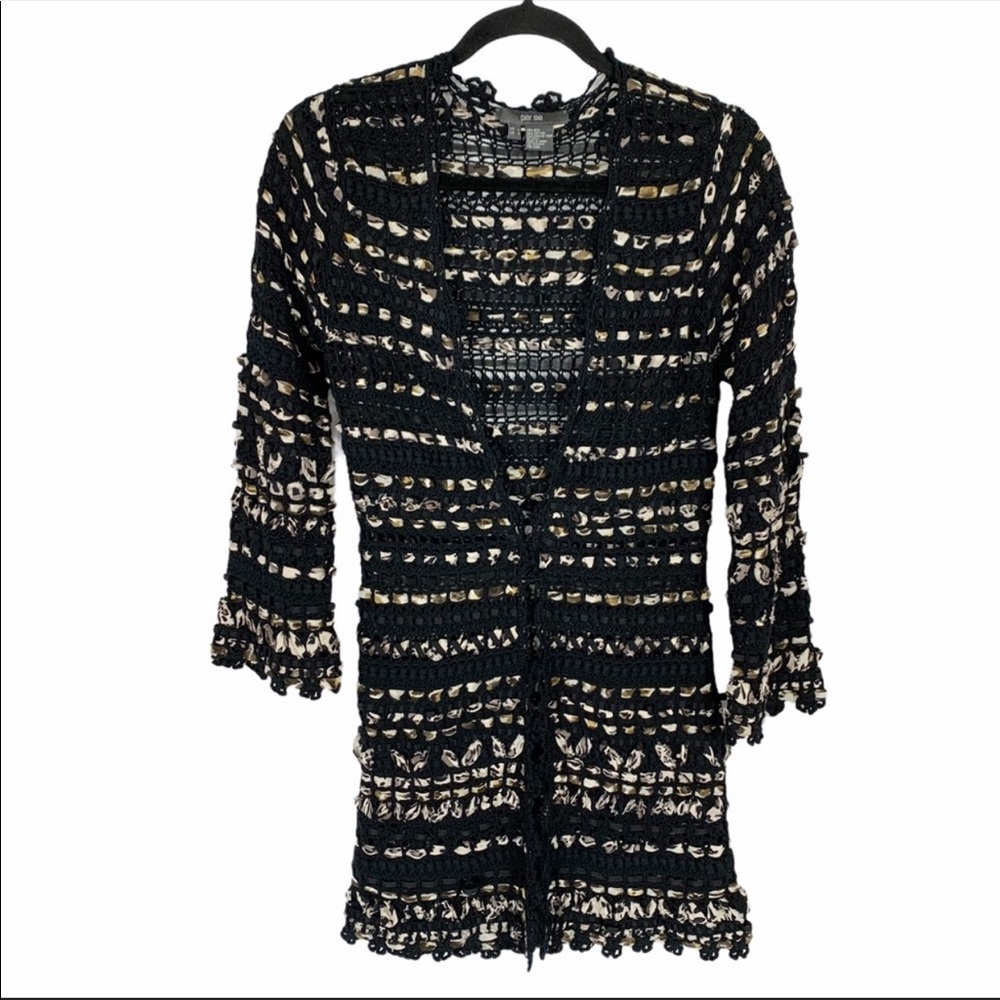 Per Se Ribbon Boucle Woven Open Silk Weave Cardigan Duster Small